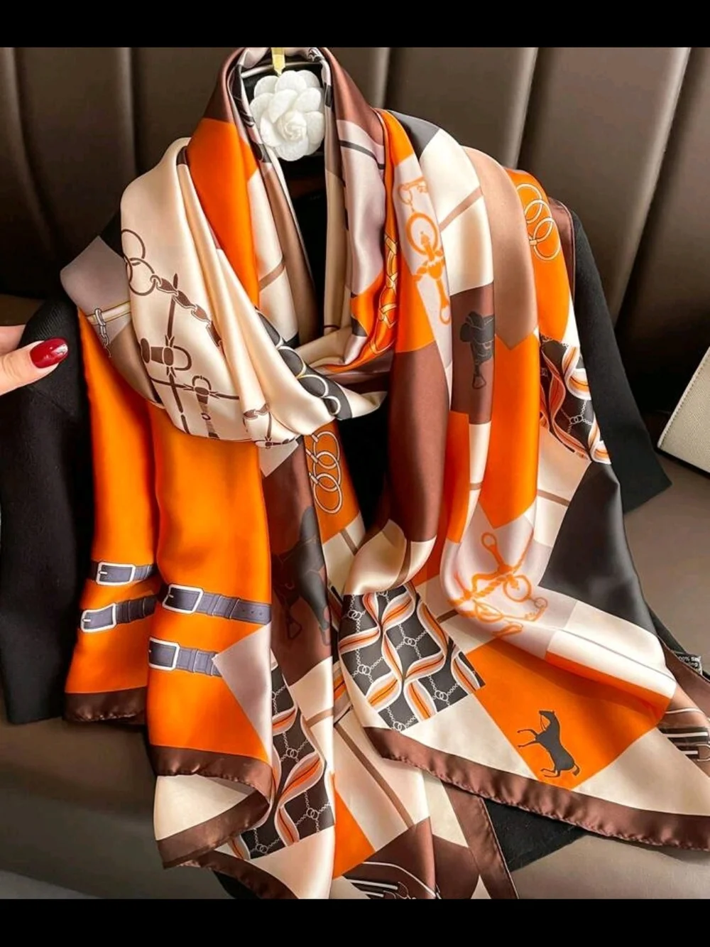Silk-Feel Orange & Brown Patterned Women's Scarf 70.9